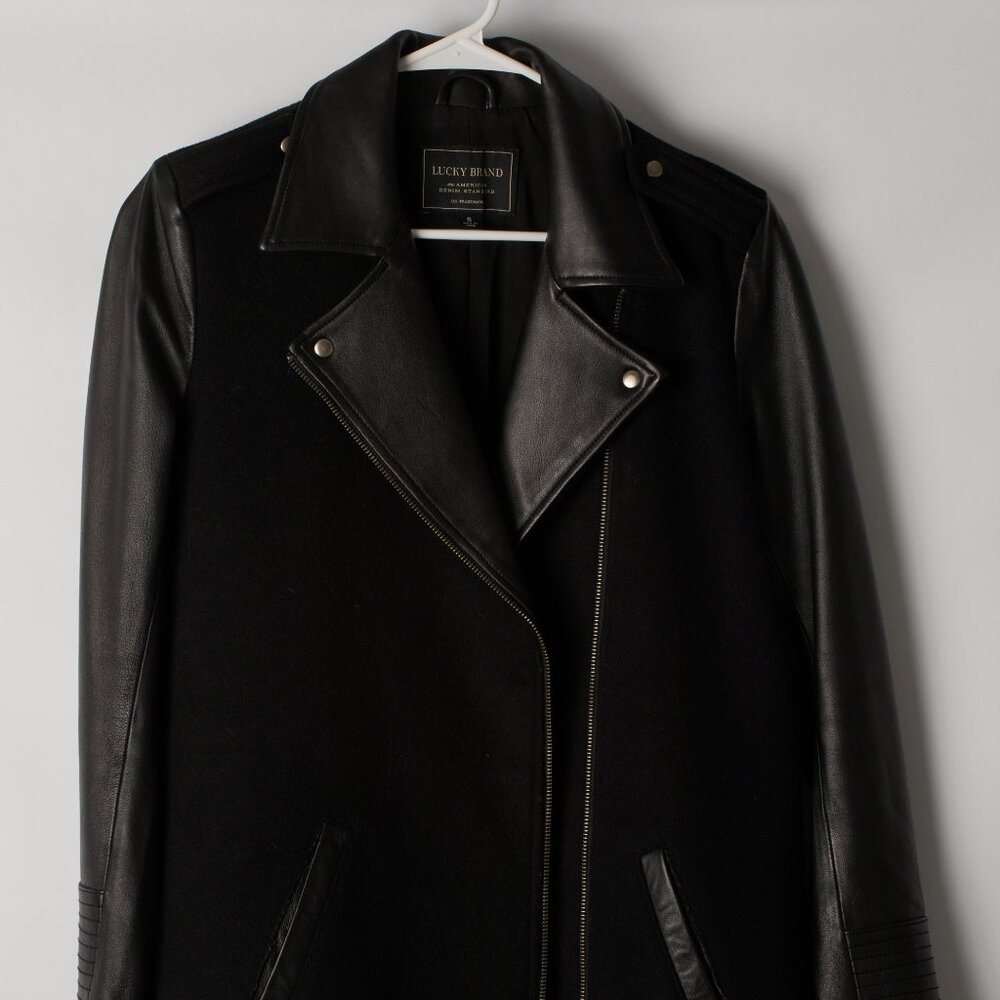 Lucky Brand Black Wool Leather Mid Length Moto Biker Jacket Coat Size S